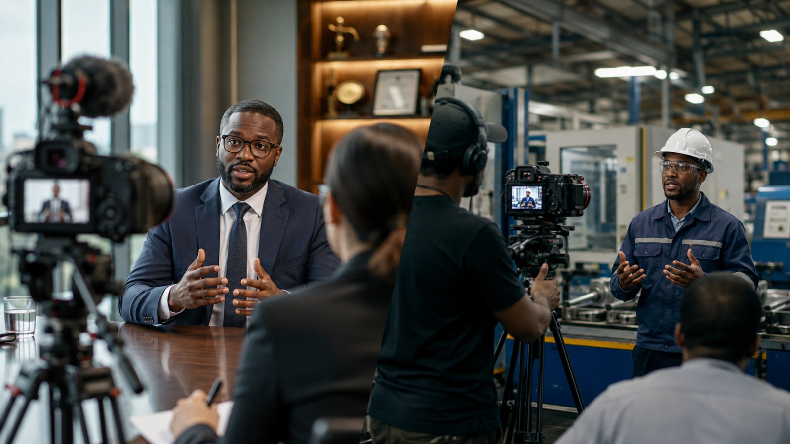 Corporate video production crew filming an executive interview in Lagos